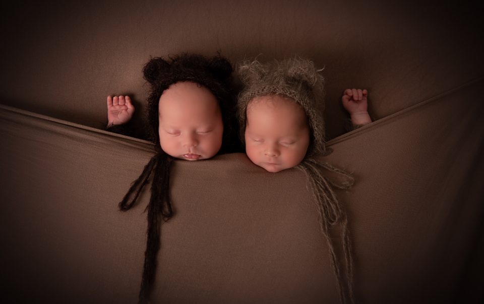 Newborn photography twins in bear outfits